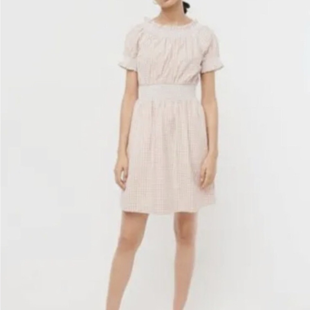J.Crew Gingham, Puffed Sleeve Cream and Tan Poplin Dress, Small